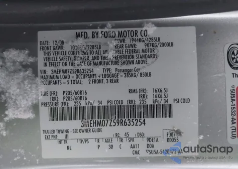 2009 Mercury Milan I4 z USA, uszkodzony, nr VIN 3MEHM07Z59R635254